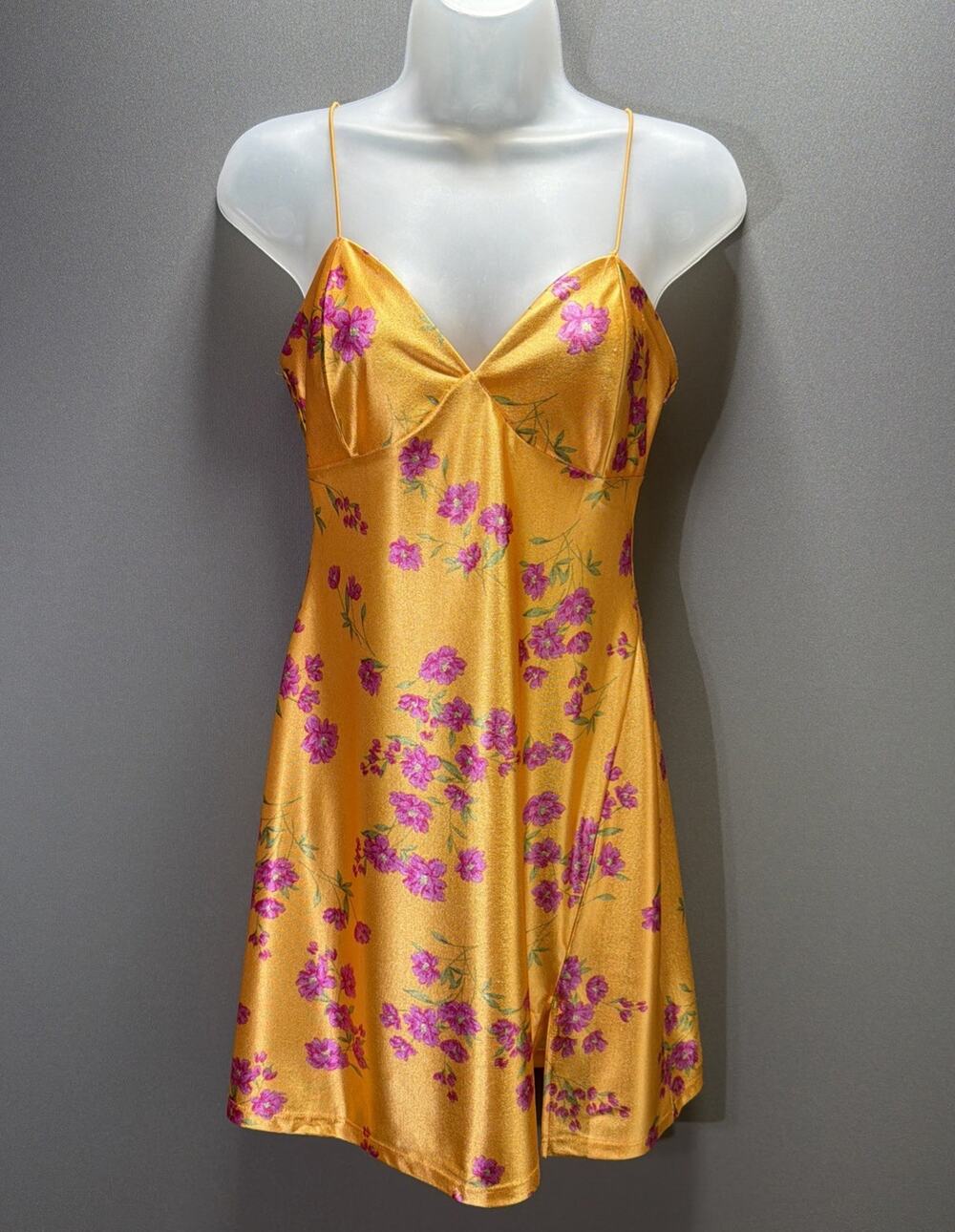 JOLIE & JOY Floral Satin Mini Dress Size M Marigold Yellow Ditsy Slip Dress Slit